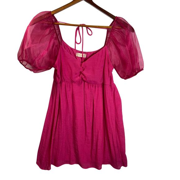 Altar'd State Dresses & Skirts - Altar'd State Sz M V-Neck Short Puff Sleeve Mini A-line Dress Pink Tie-Back